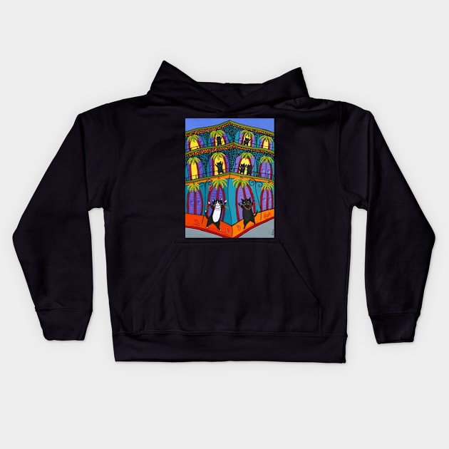 Mardi Gras Dancing Cats Kids Hoodie by KilkennyCat Art